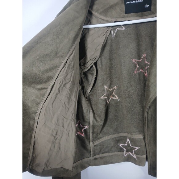 Olivaceous Olive Green Faux Suede Star Moto Jacket Size L EUC Zip Pockets Edgy - Picture 8 of 10